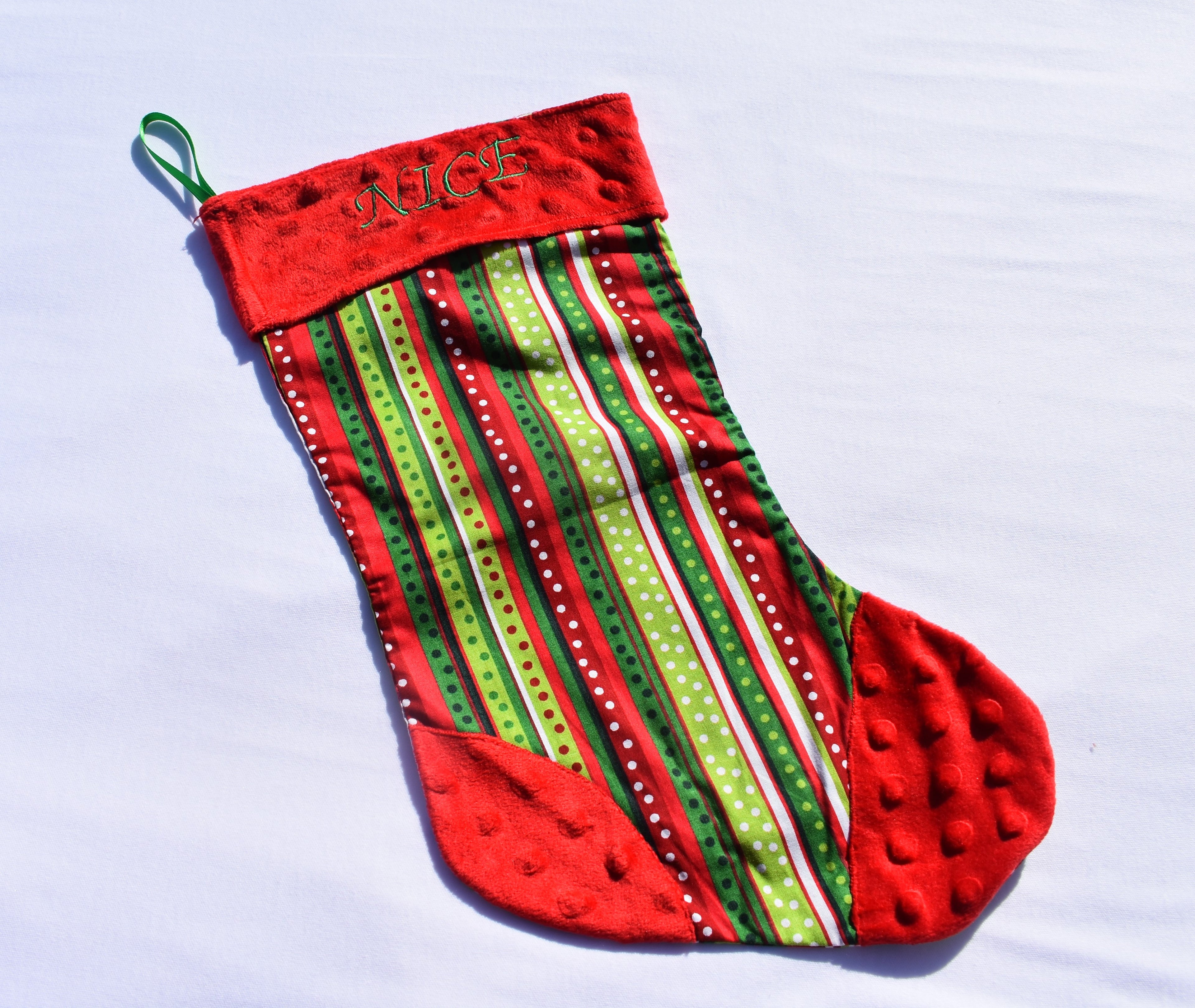 Christmas stocking- red white green stripe red minky nice naughty