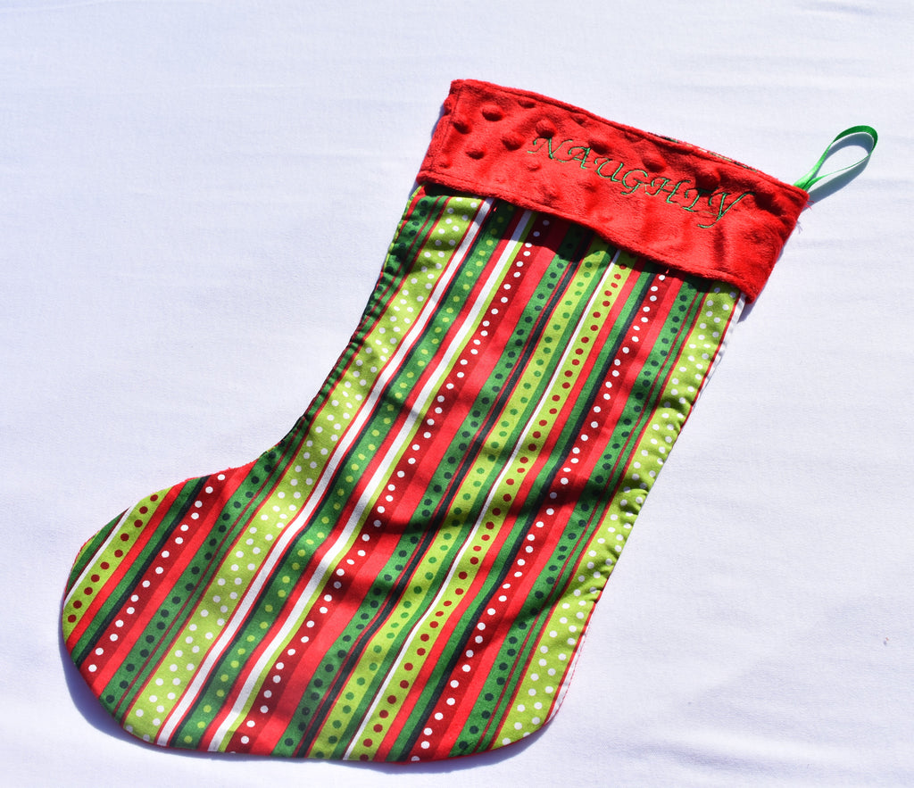 Christmas stocking- red white green stripe red minky nice naughty