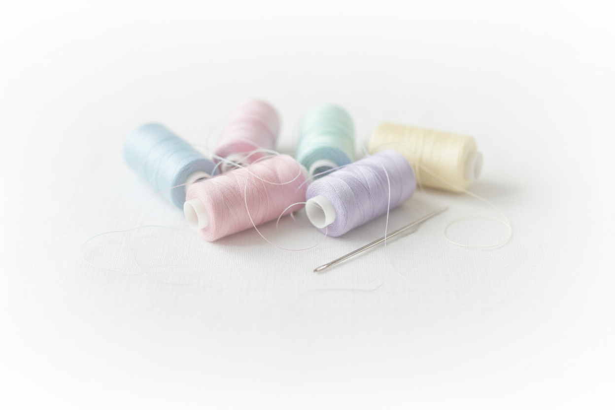 sewing threads and needle lightly in background so words can be seen
